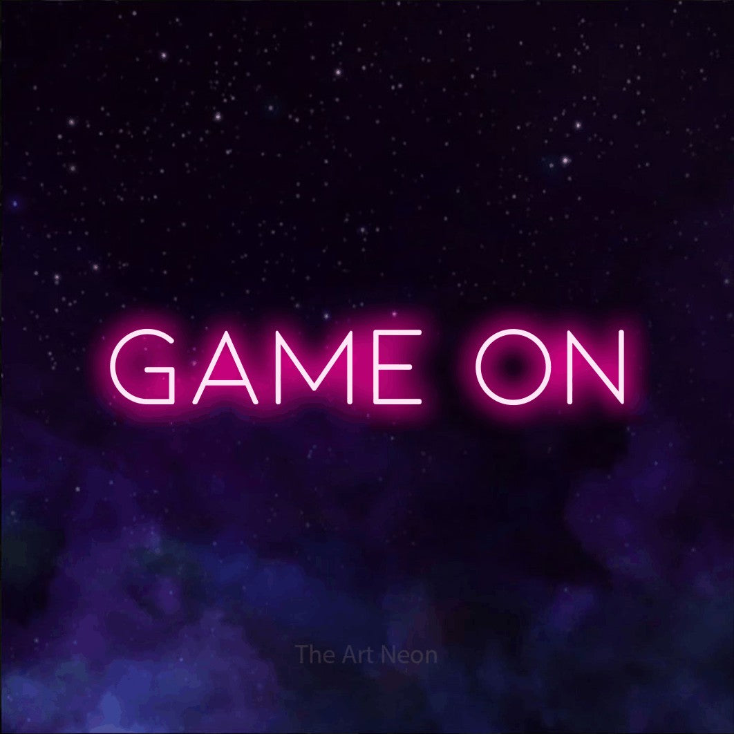 LED neon sign reading “GAME ON”, arranged in a single line.