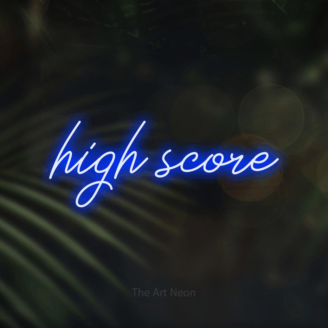 LED neon sign reading “high score”, arranged in a single line.