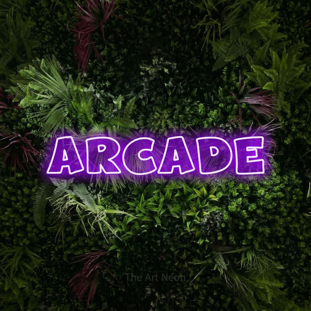 LED neon sign reading “Arcade”, arranged in a single line.