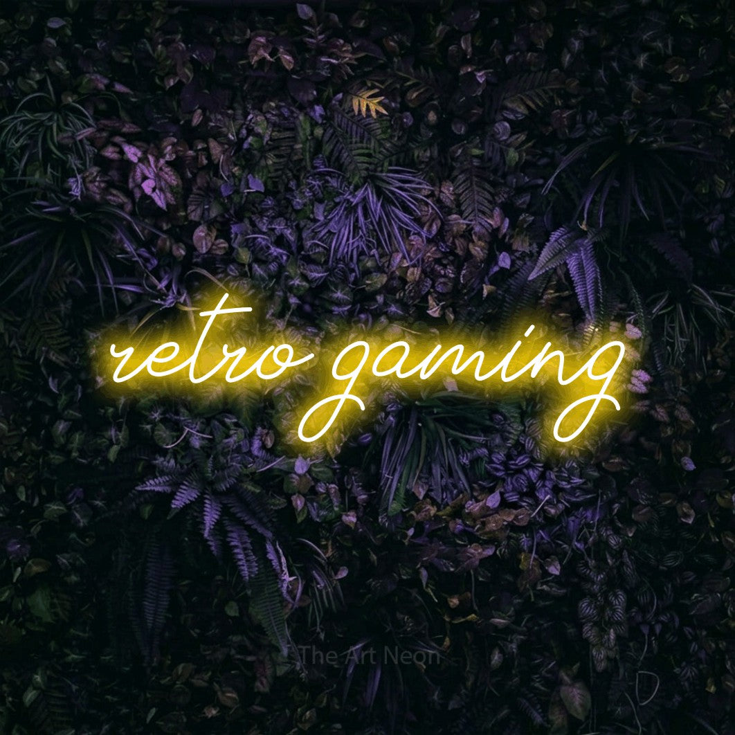 LED neon sign reading “retro gaming”, arranged in a single line.