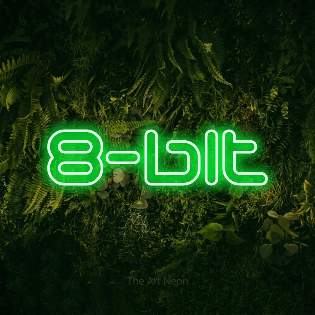 LED neon sign reading “8-bit”, arranged in a single line.