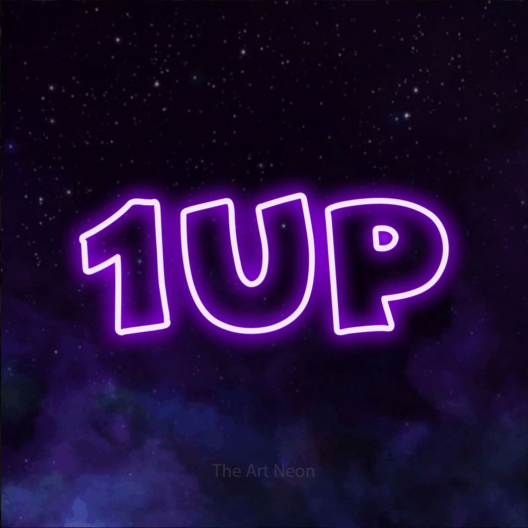 LED neon sign reading “1UP”, arranged in a single line.