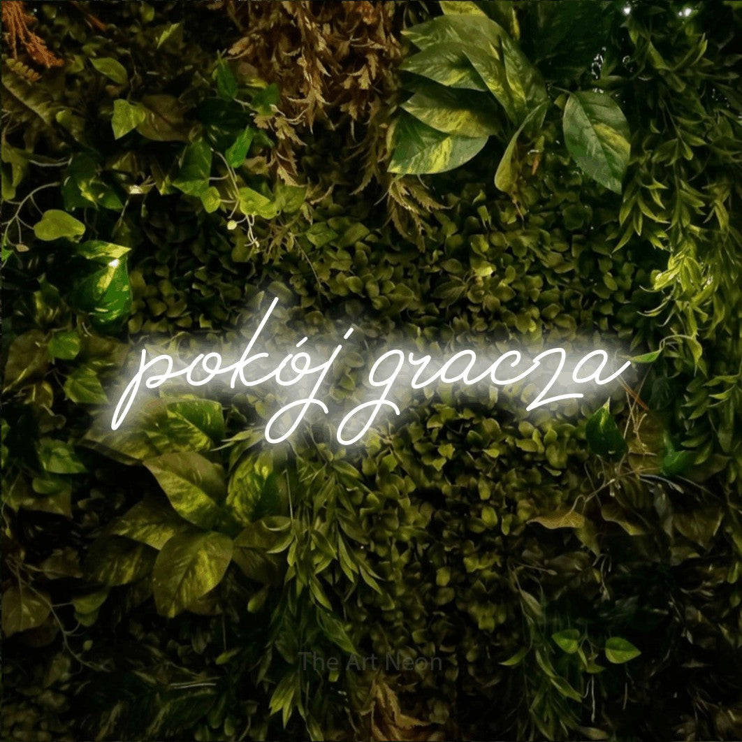 LED neon sign reading “pokój gracza”, arranged in a single line.