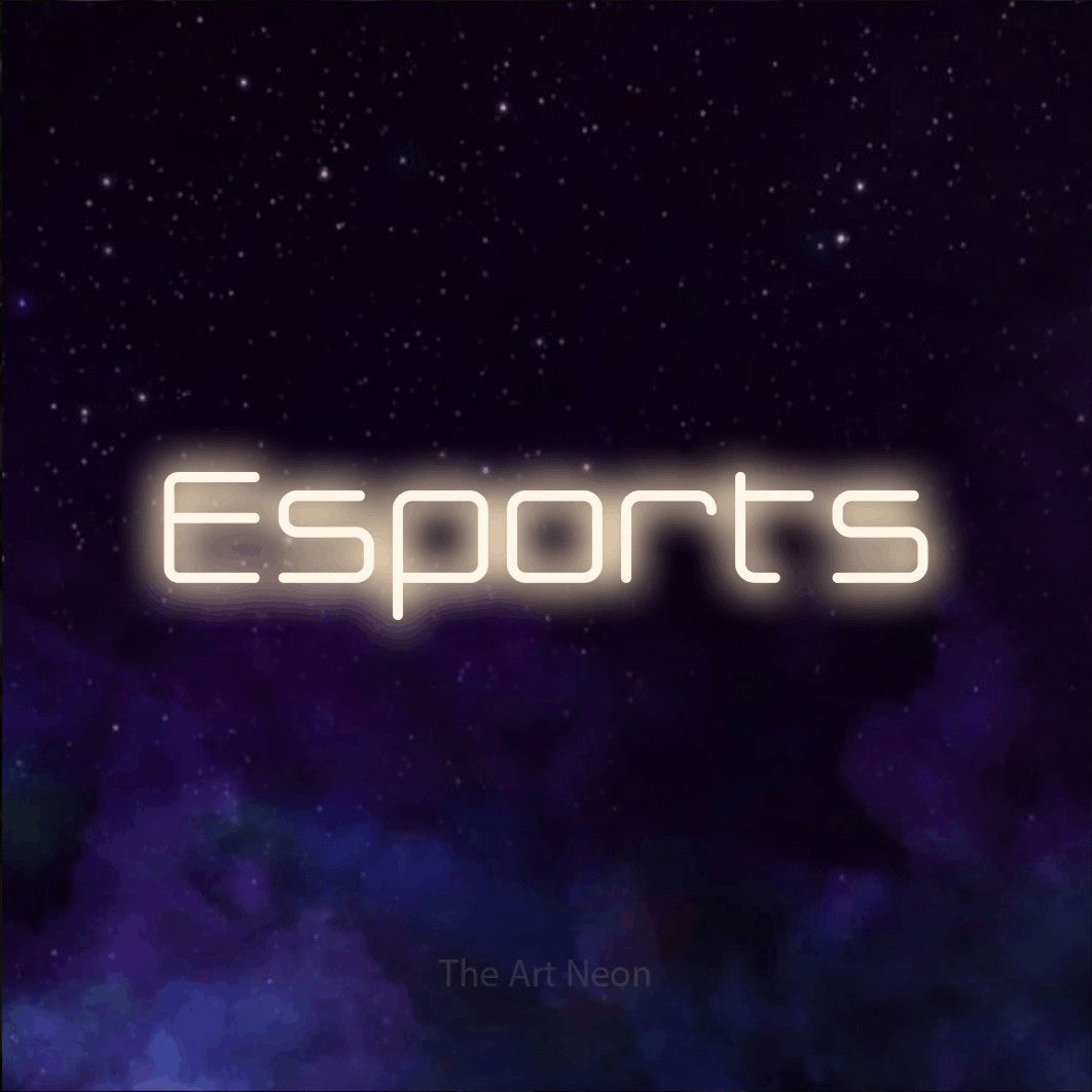 LED neon sign reading “Esports”, arranged in a single line.