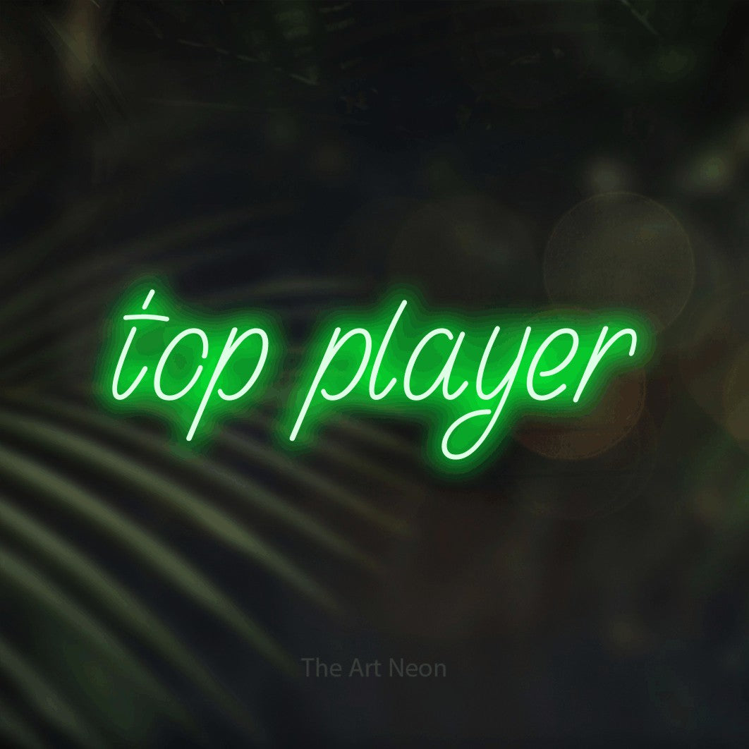 LED neon sign reading “top player”, arranged in a single line.