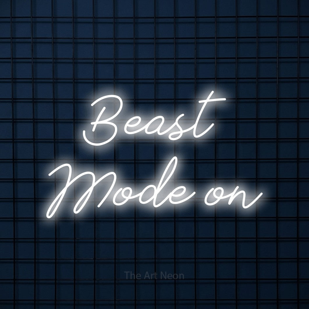 LED neon sign reading “Beast Mode on”, arranged in two lines.