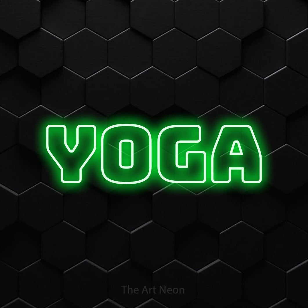 LED neon sign reading “YOGA”, arranged in a single line.