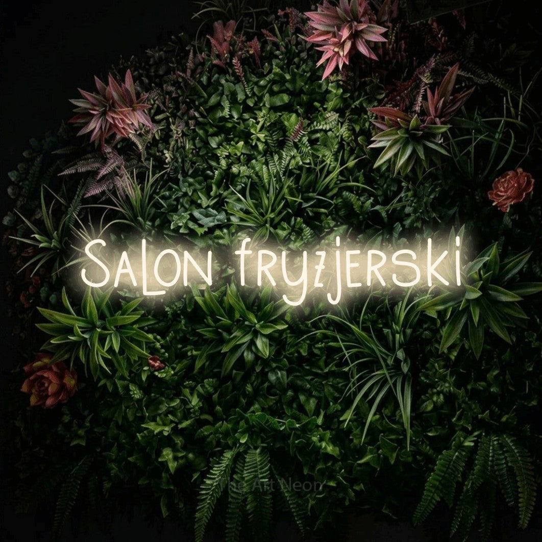 LED neon sign reading “Salon fryzjerski”, arranged in a single line.