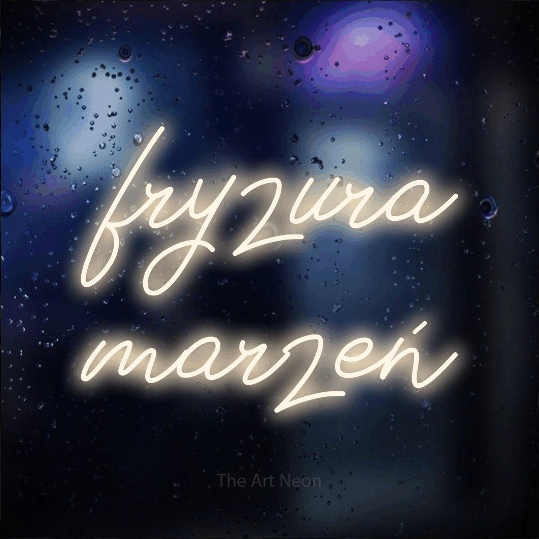 LED neon sign reading “fryzura marzeń”, arranged in two lines.