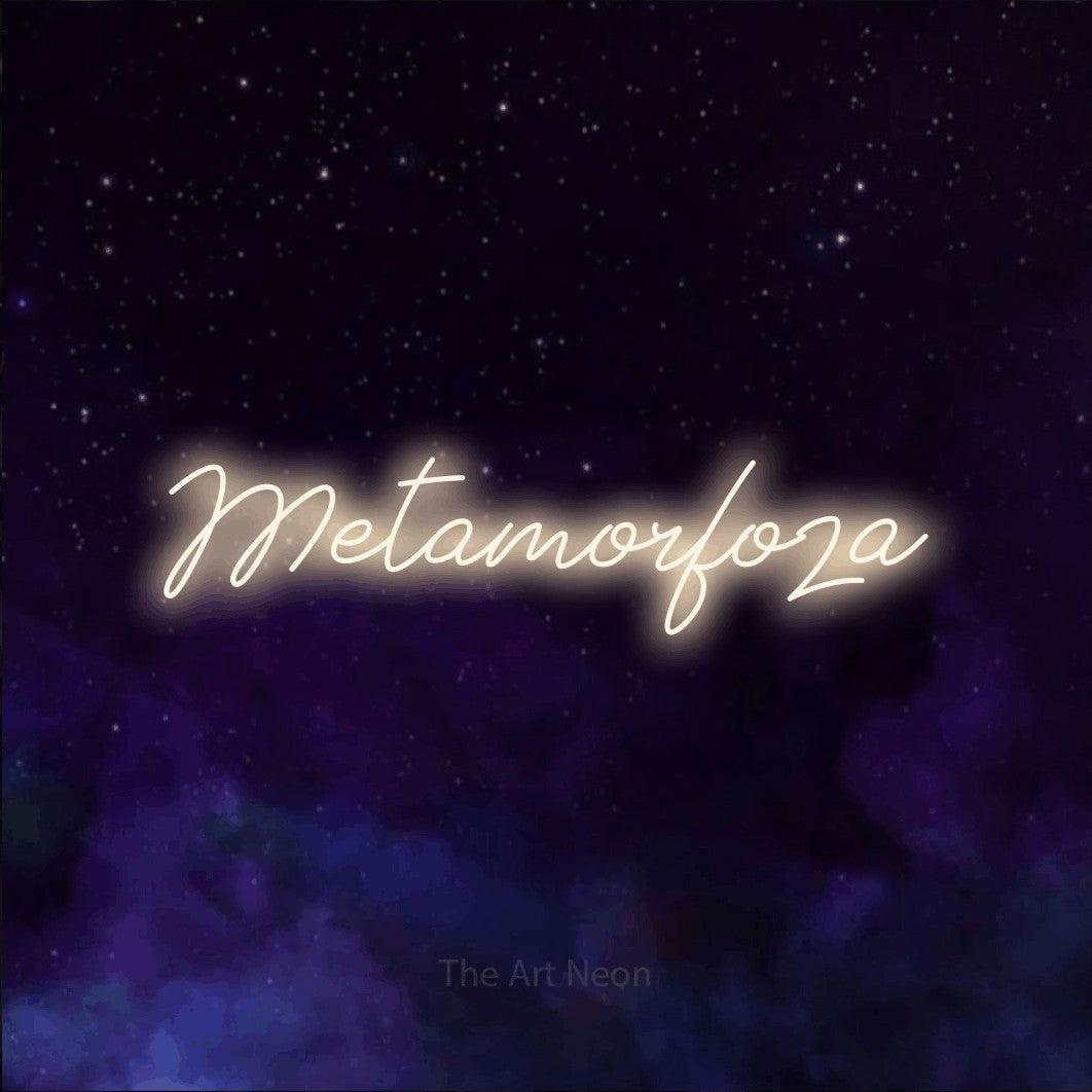 LED neon sign reading “Metamorfoza”, arranged in a single line.