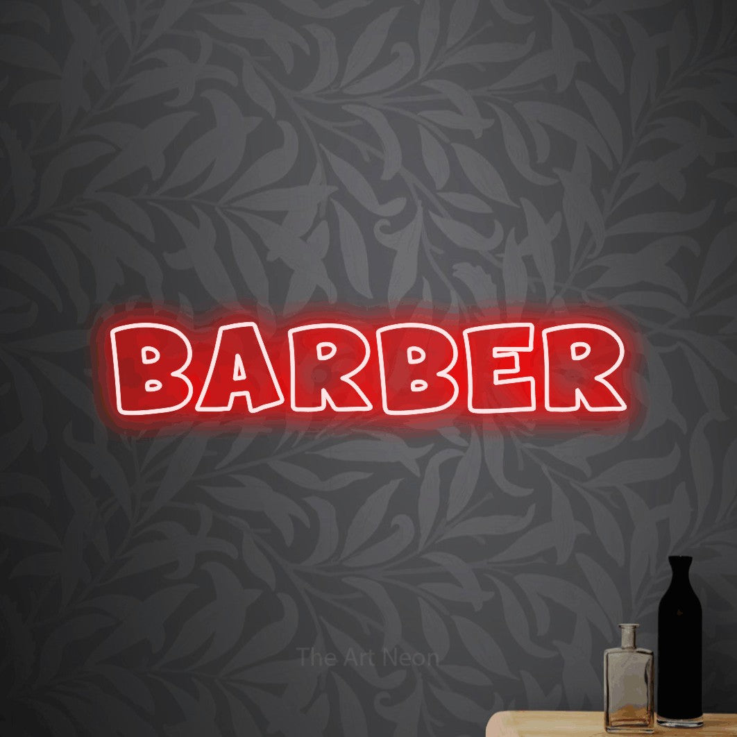 LED neon sign reading “BARBER”, arranged in a single line.