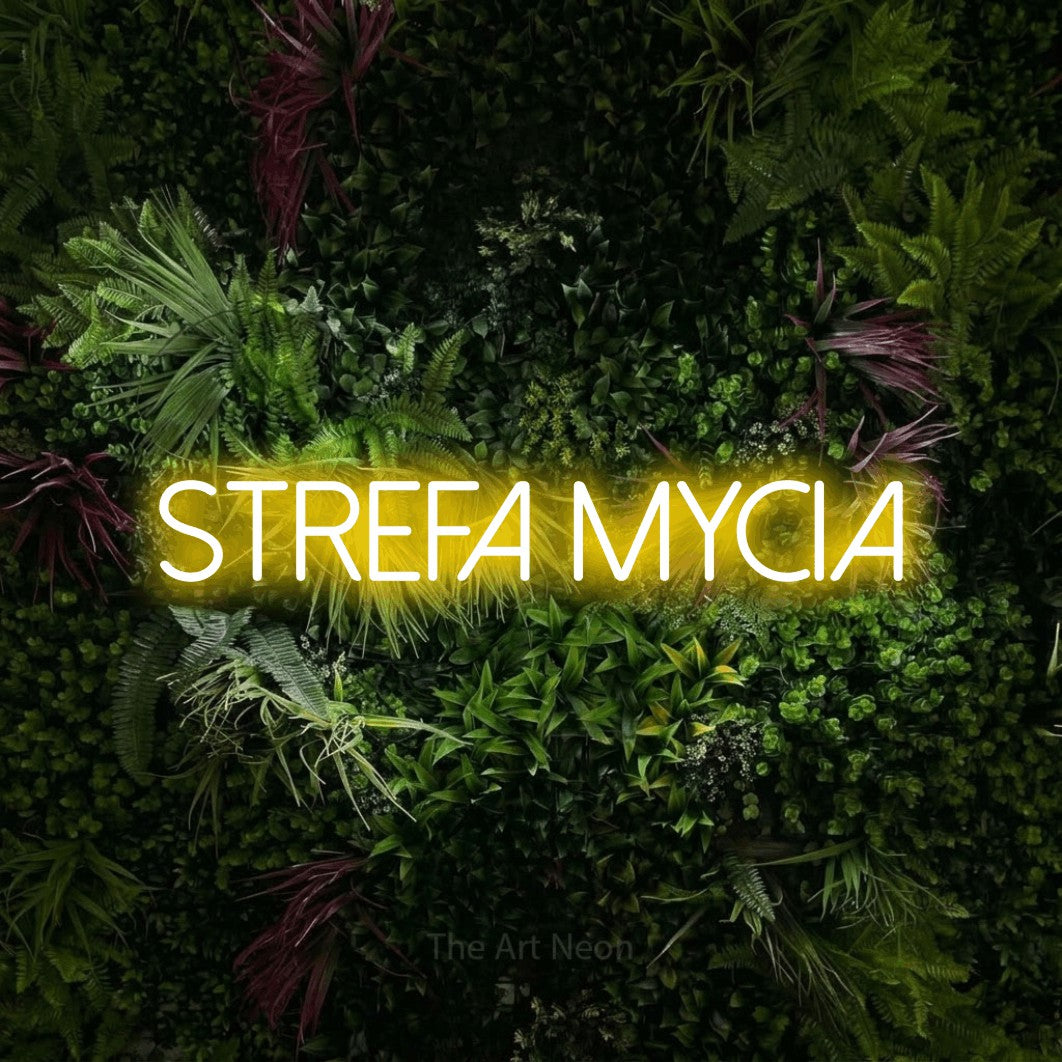 LED neon sign reading “strefa mycia”, arranged in a single line.