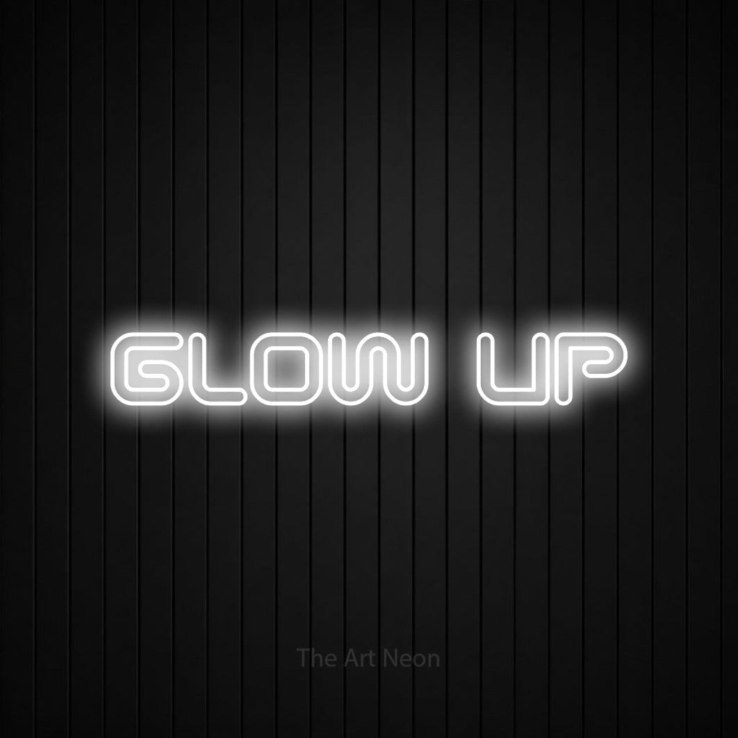 LED neon sign reading “GLOW up”, arranged in a single line.