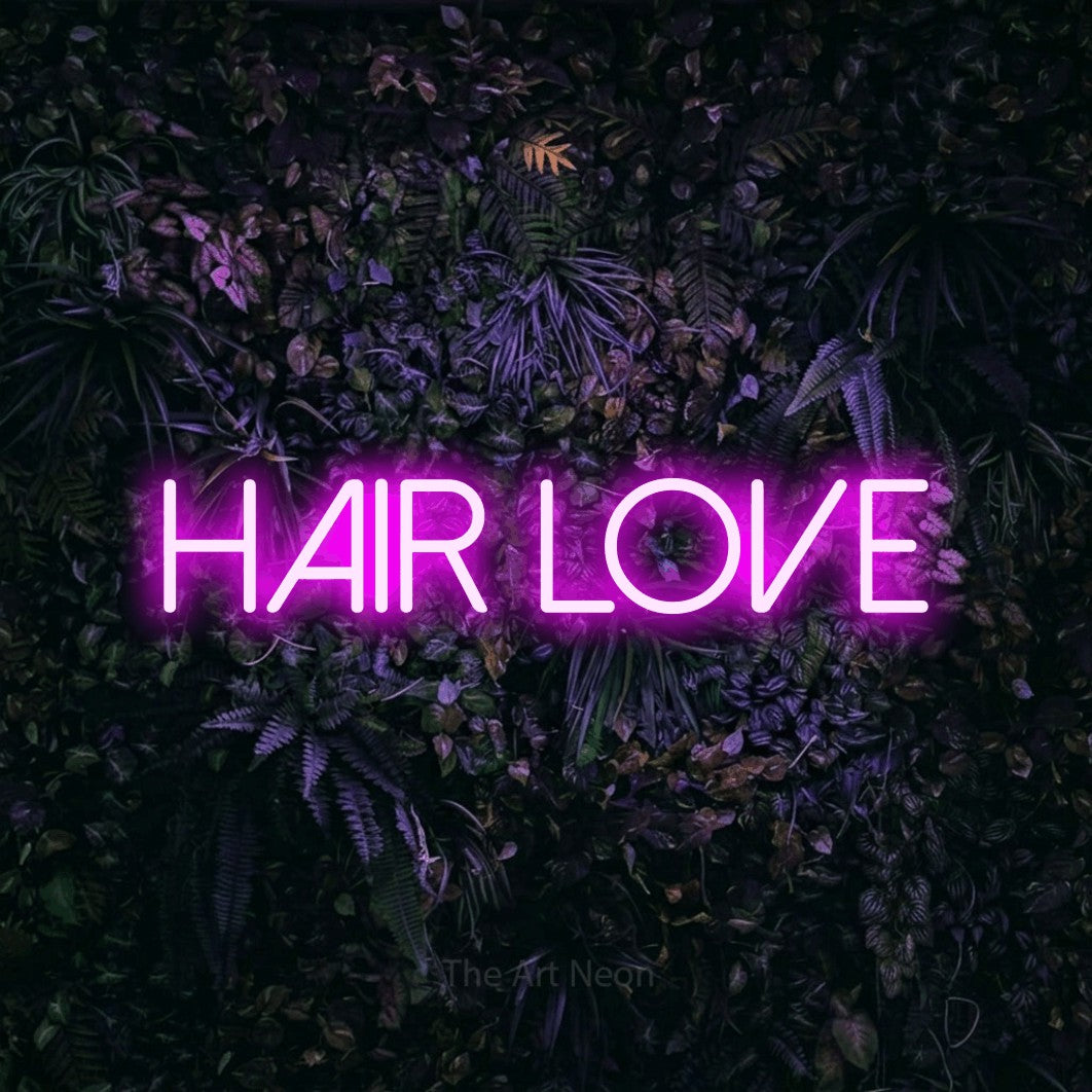 LED neon sign reading “HAIR LOVE”, arranged in a single line.