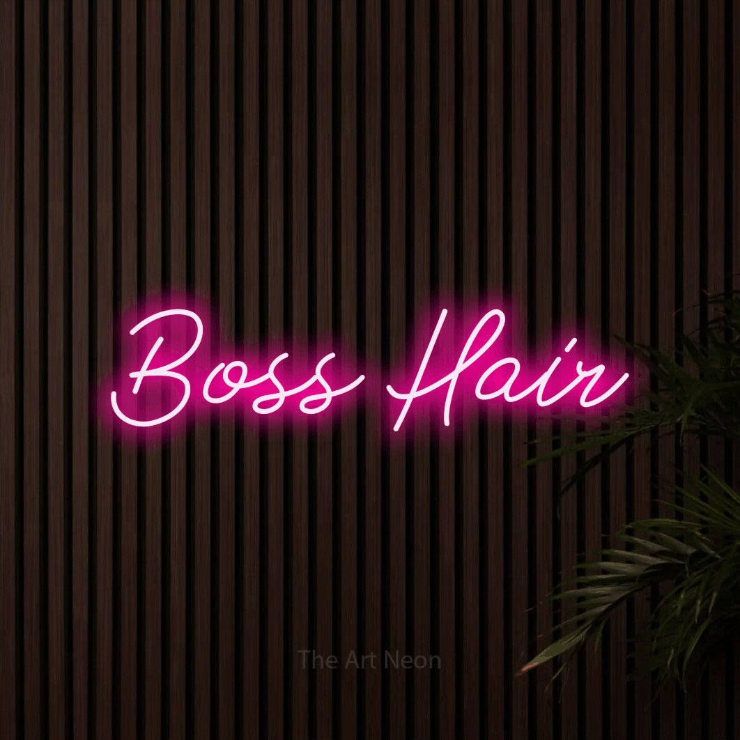 LED neon sign reading “Boss Hair”, arranged in a single line.