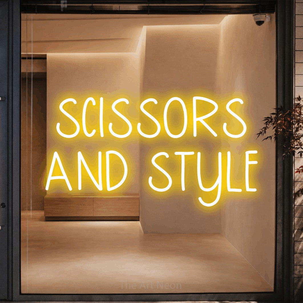 LED neon sign reading “SCISSORS AND STYLE”, arranged in two lines.