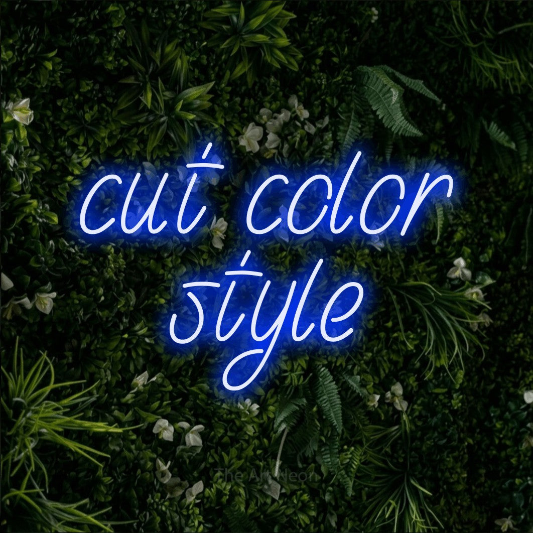 LED neon sign reading “cut color style”, arranged in two lines.