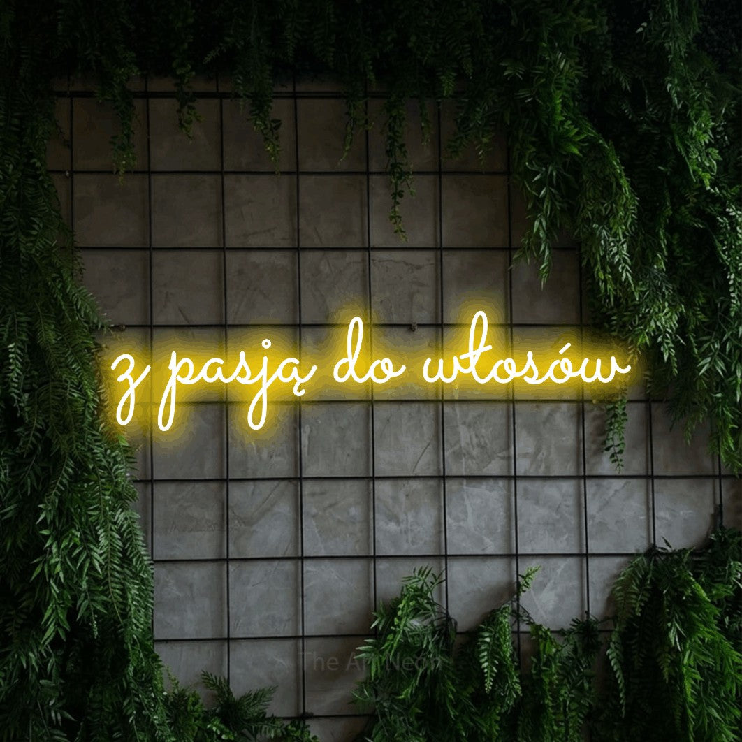 LED neon sign reading “z pasją do włosów”, arranged in a single line.