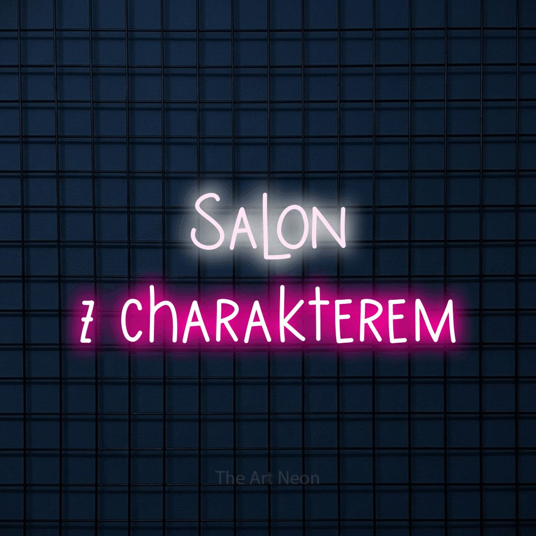 LED neon sign reading “Salon z charakterem”, arranged in two lines.