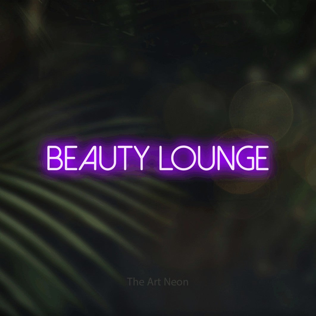 LED neon sign reading “beauty lounge”, arranged in a single line.