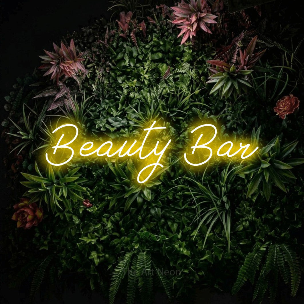 LED neon sign reading “Beauty Bar”, arranged in a single line.
