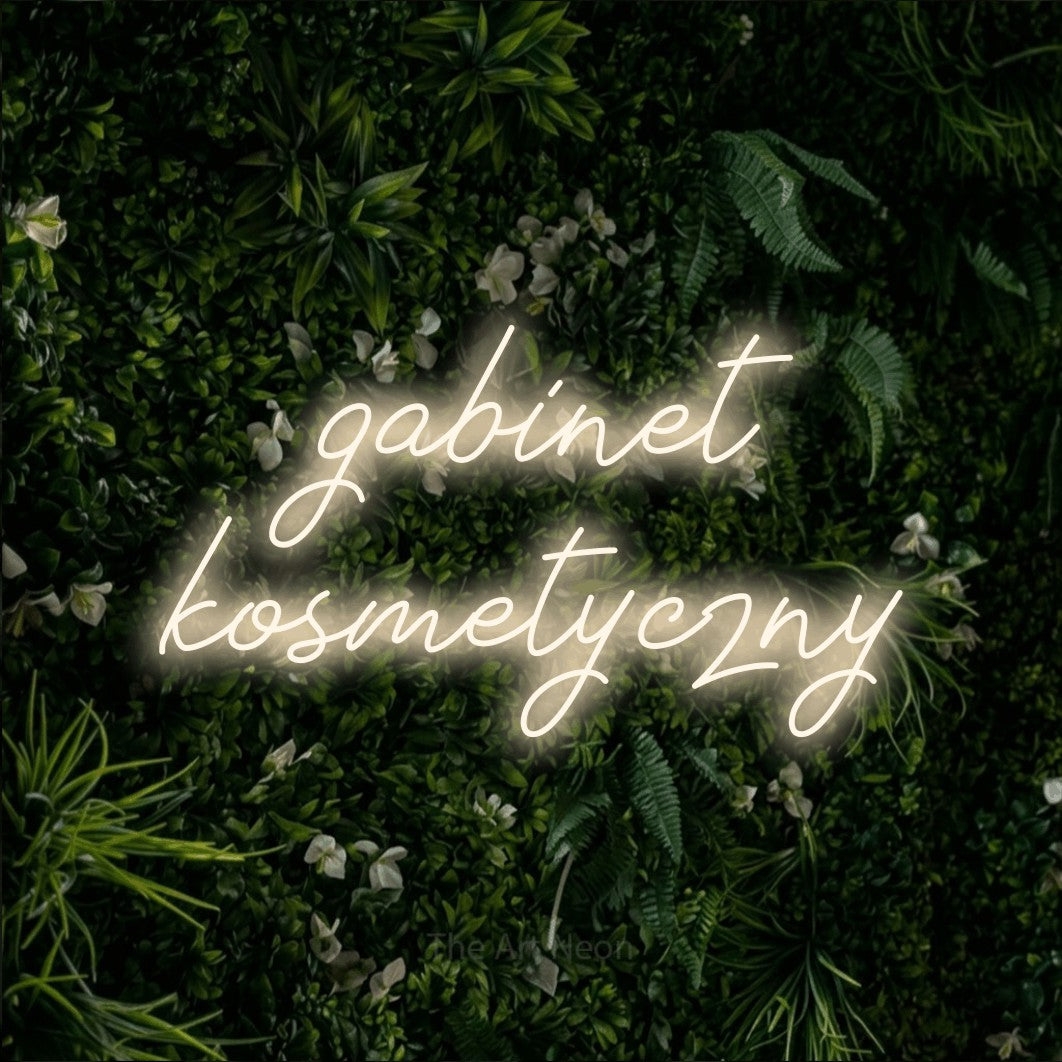 LED neon sign reading “gabinet kosmetyczny”, arranged in two lines.