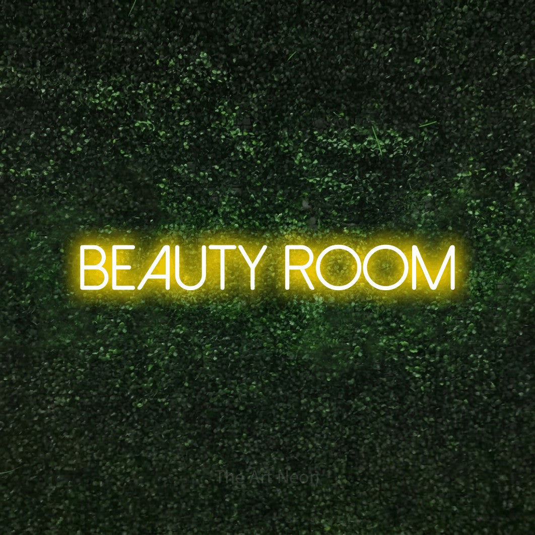LED neon sign reading “Beauty Room”, arranged in a single line.