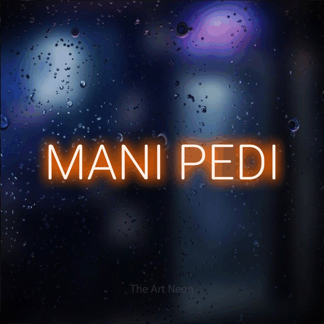 LED neon sign reading “MANI PEDI”, arranged in a single line.