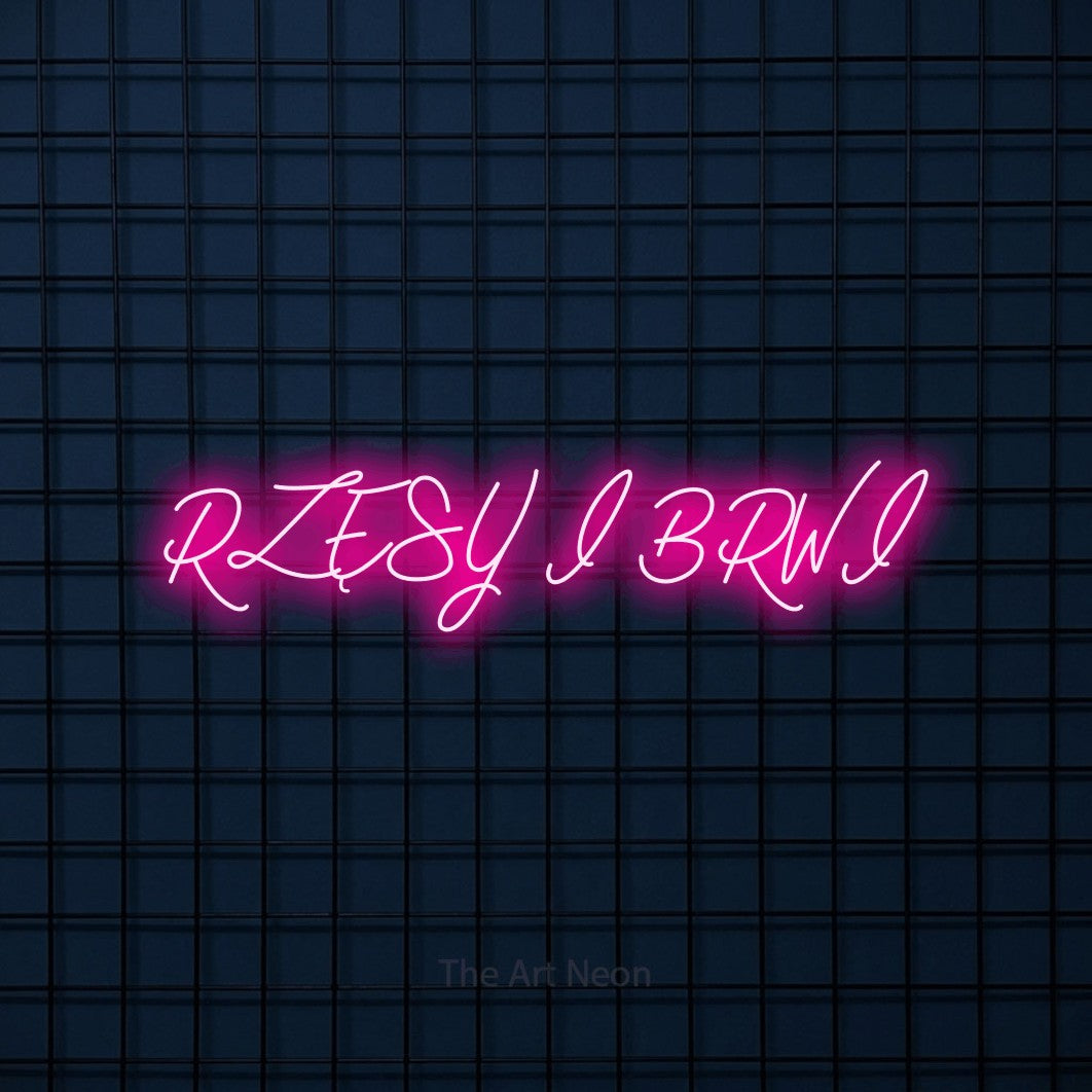 LED neon sign reading “RZĘSY I BRWI”, arranged in a single line.
