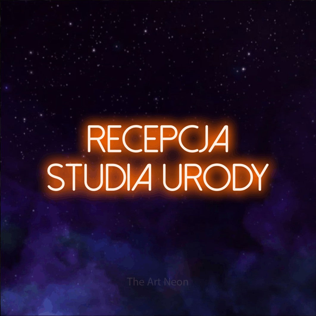 LED neon sign reading “recepcja studia urody”, arranged in two lines.