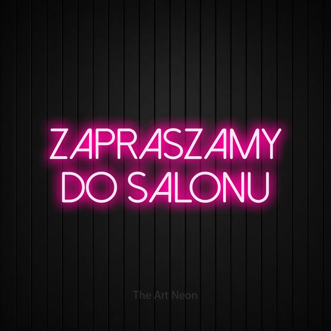 LED neon sign reading “zapraszamy do salonu”, arranged in two lines.