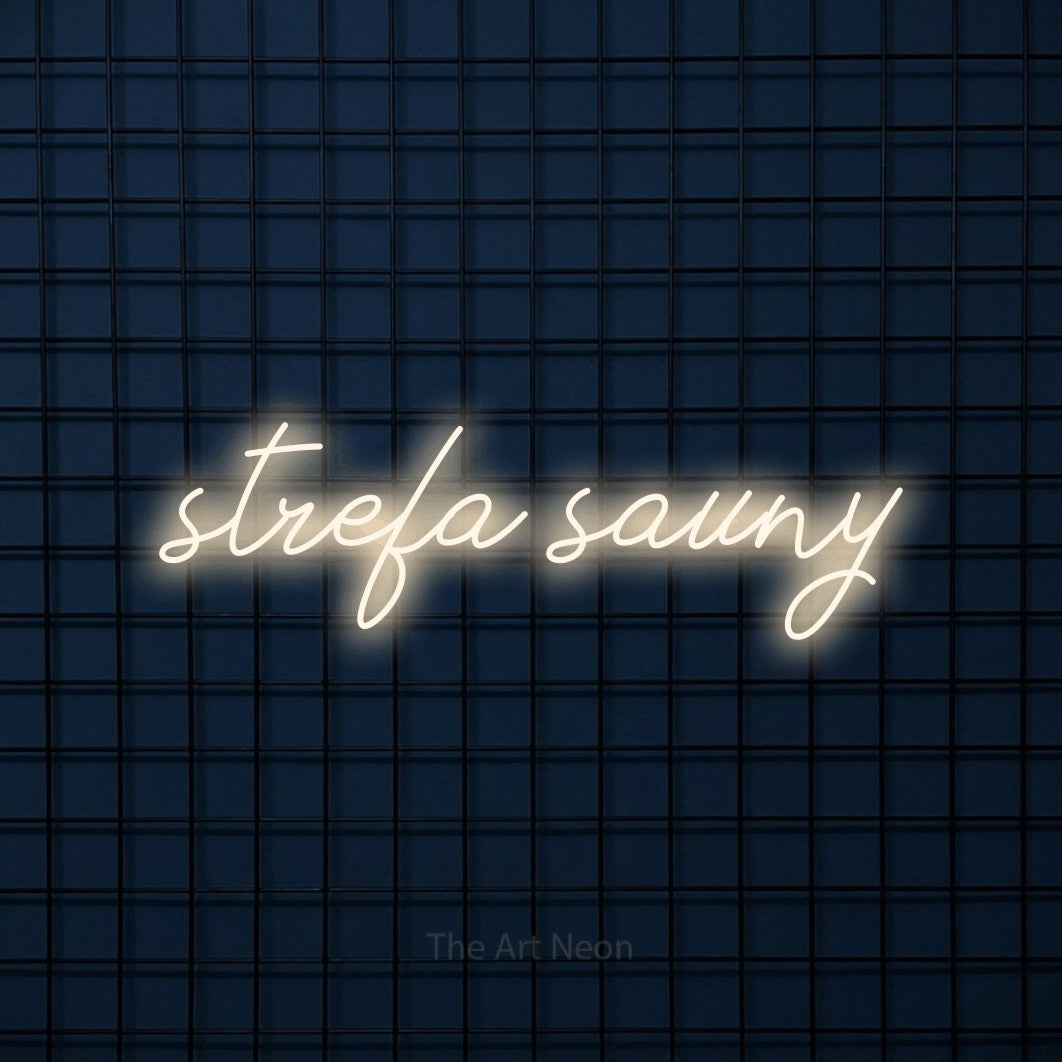 LED neon sign reading “strefa sauny”, arranged in a single line.