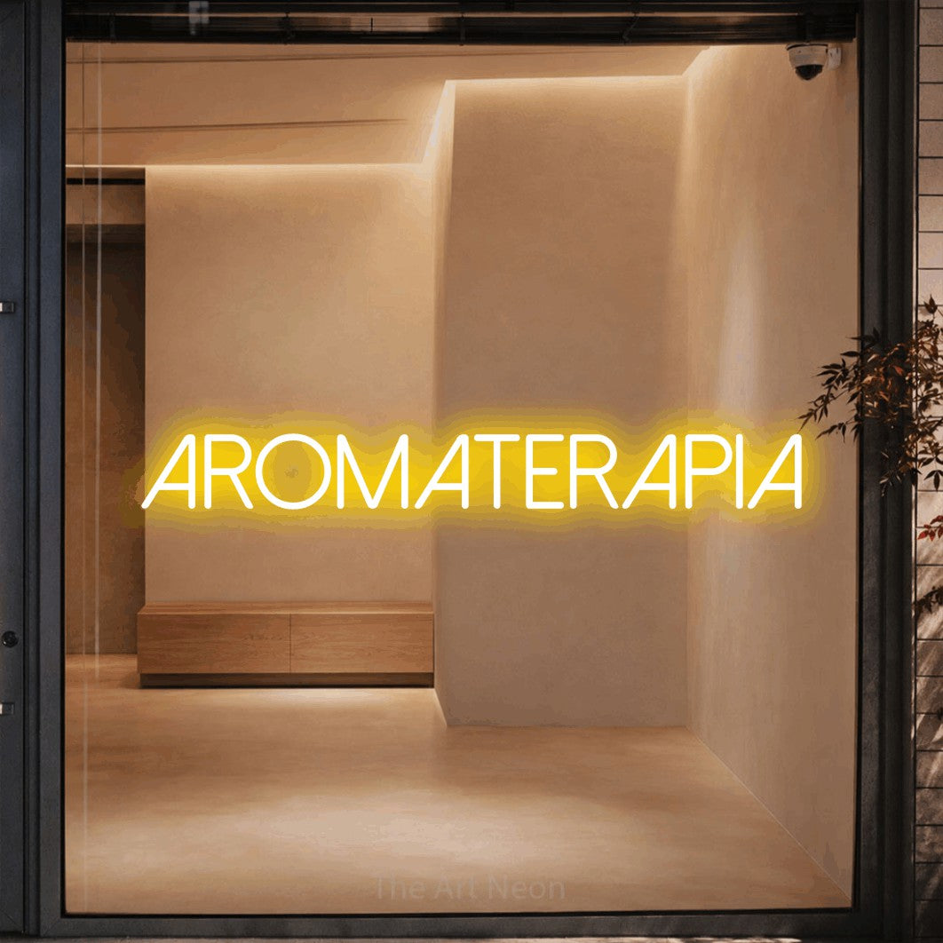 LED neon sign reading “AROMATERAPIA”, arranged in a single line.