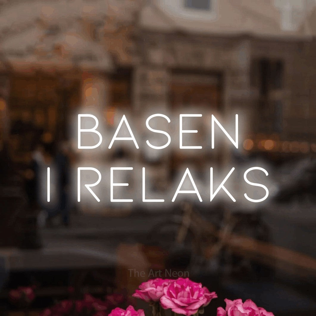 LED neon sign reading “basen i RELAKS”, arranged in two lines.