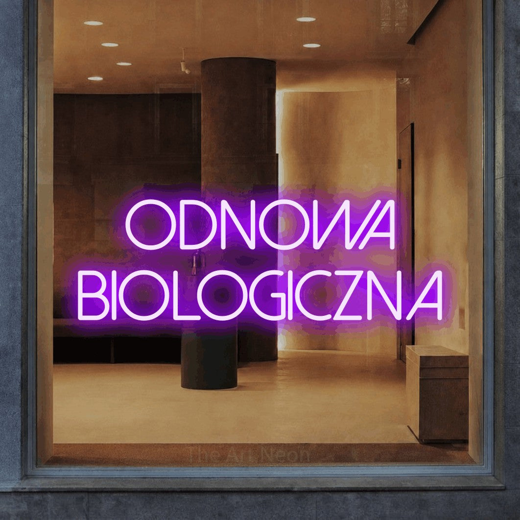 LED neon sign reading “odnowa biologiczna”, arranged in two lines.