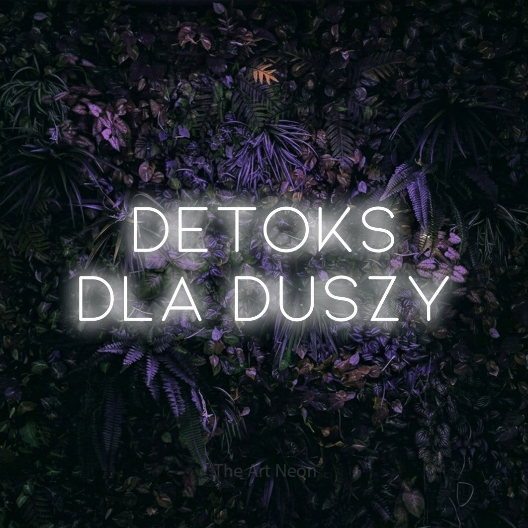 LED neon sign reading “DETOKS dla duszy”, arranged in two lines.