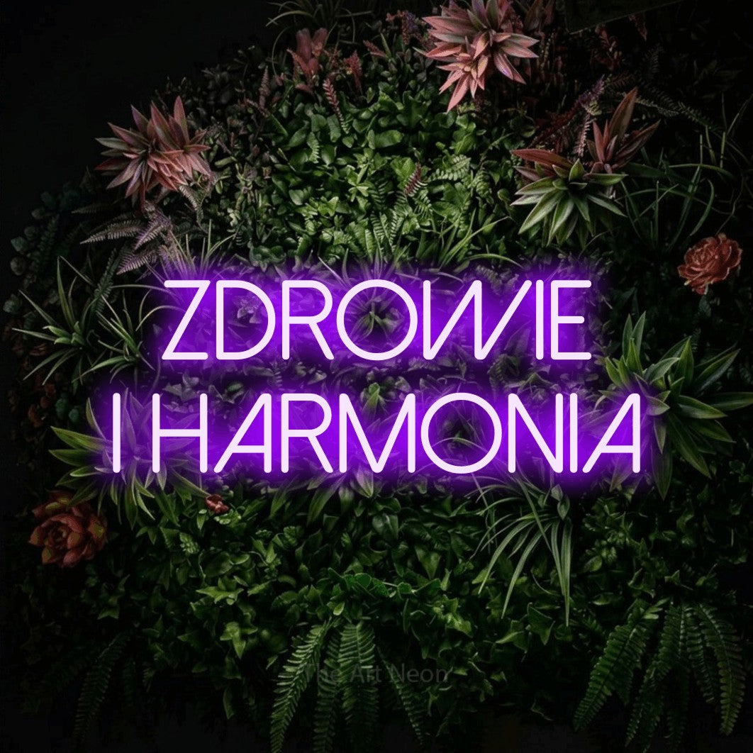 LED neon sign reading “ZDROWIE I HARMONIA”, arranged in two lines.