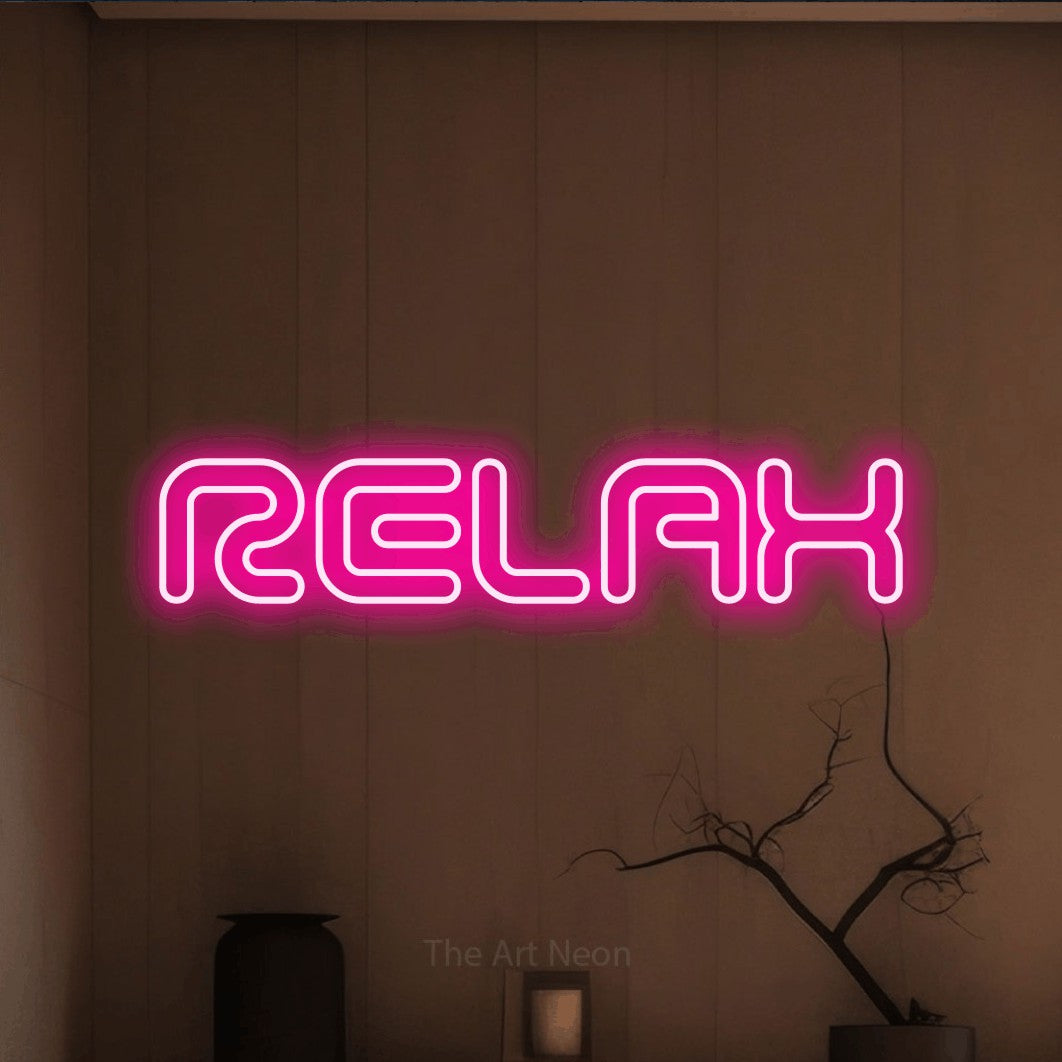 LED neon sign reading “RELAX”, arranged in a single line.