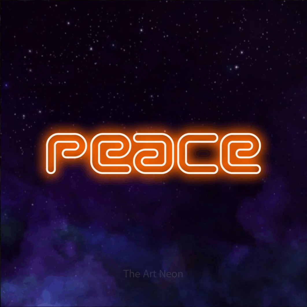 LED neon sign reading “Peace”, arranged in a single line.