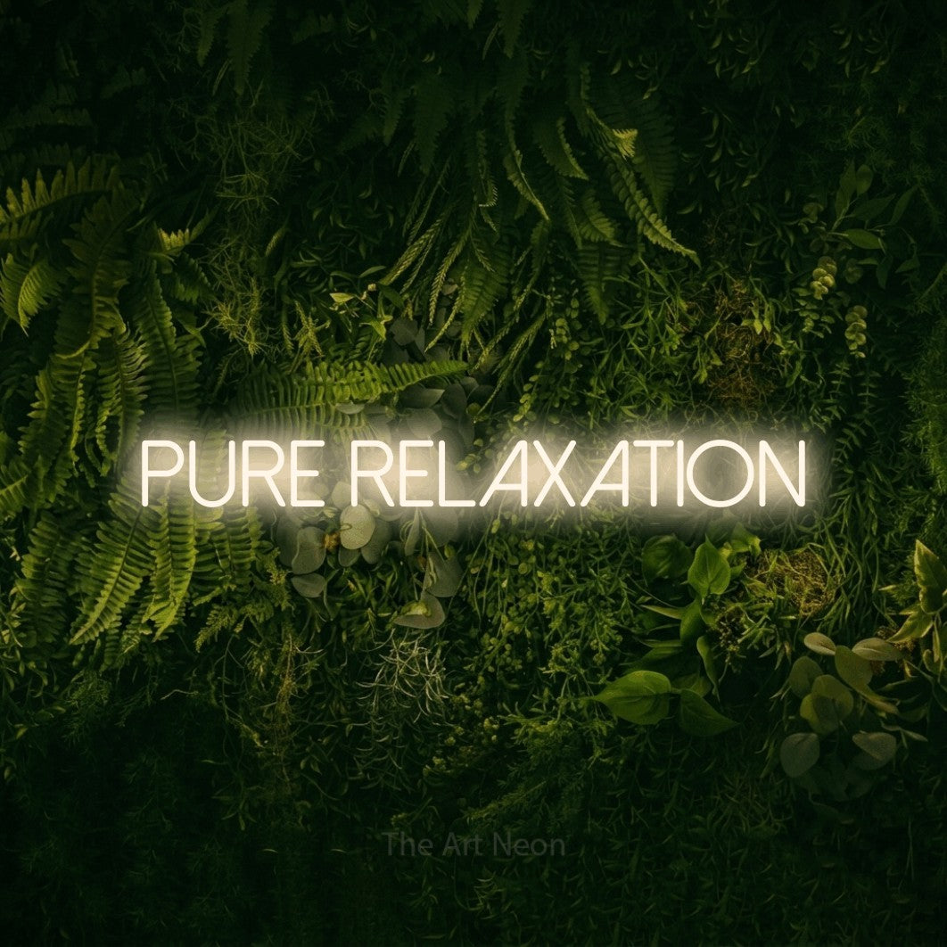 LED neon sign reading “pure RELAXATION”, arranged in a single line.