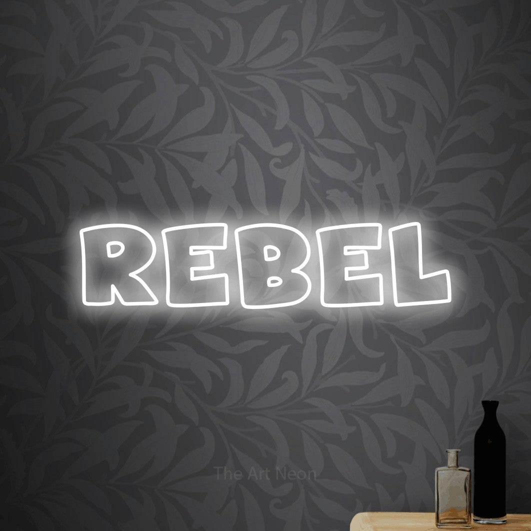 LED neon sign reading “REBEL”, arranged in a single line.