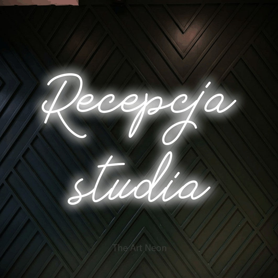 LED neon sign reading “Recepcja studia”, arranged in two lines.