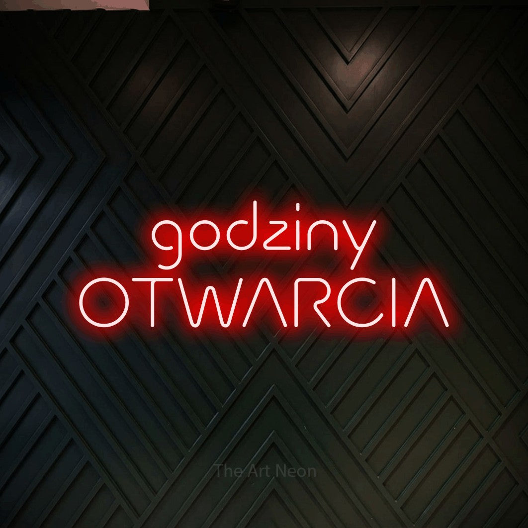 LED neon sign reading “godziny OTWARCIA”, arranged in two lines.