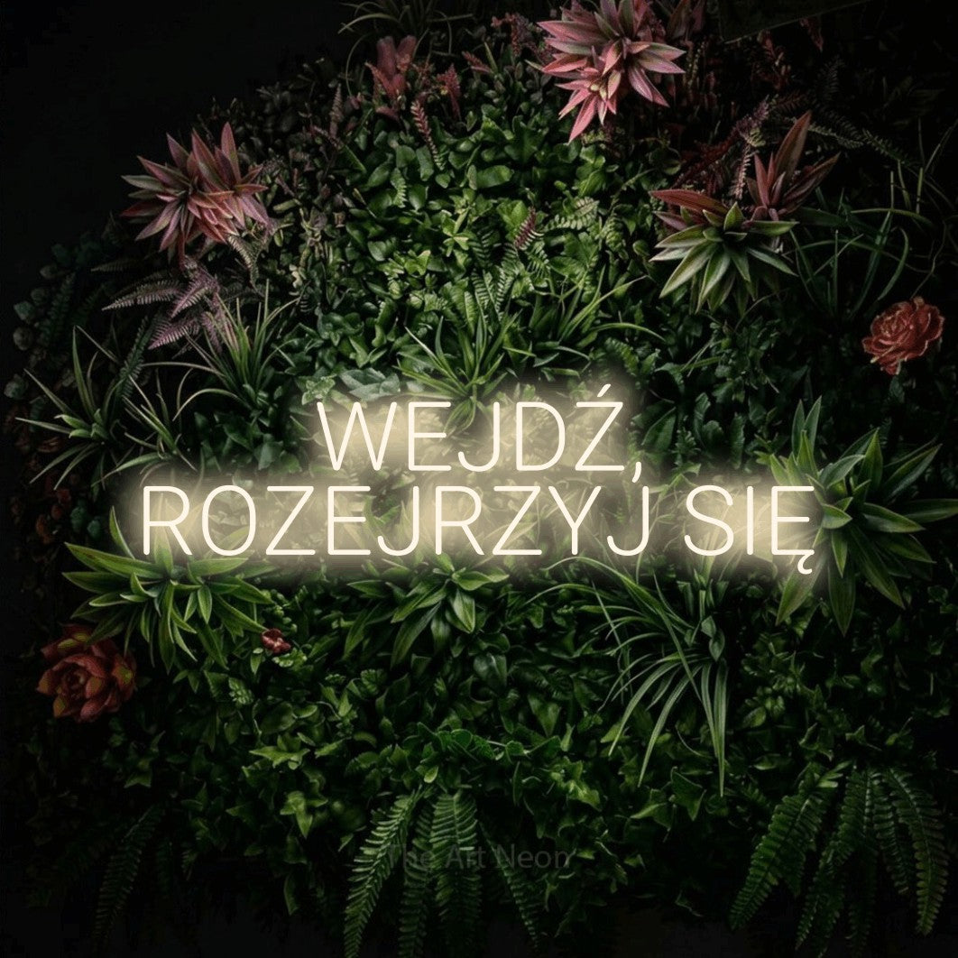 LED neon sign reading “WEJDŹ, ROZEJRZYJ SIĘ”, arranged in two lines.