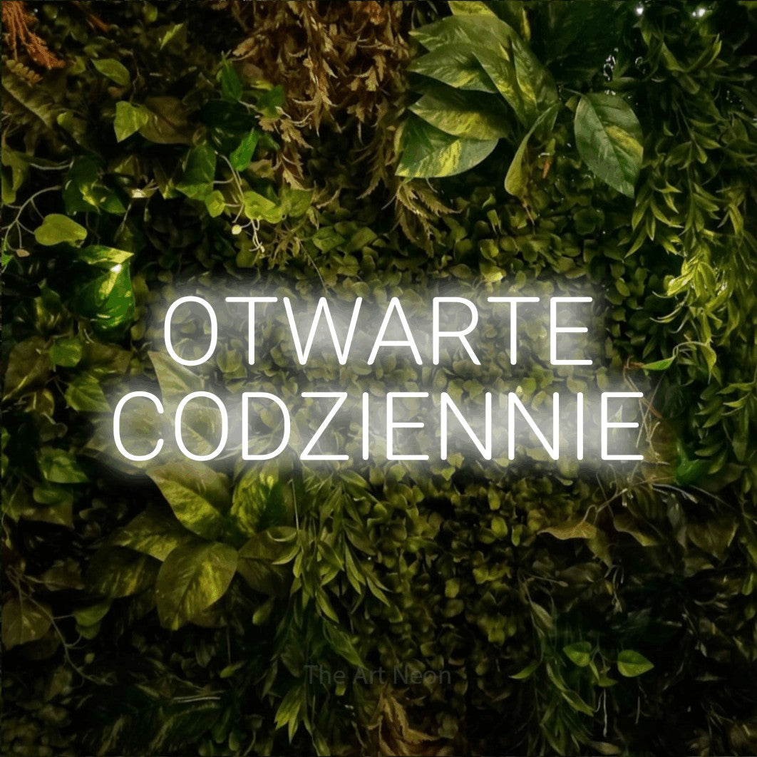 LED neon sign reading “OTWARTE CODZIENNIE”, arranged in two lines.