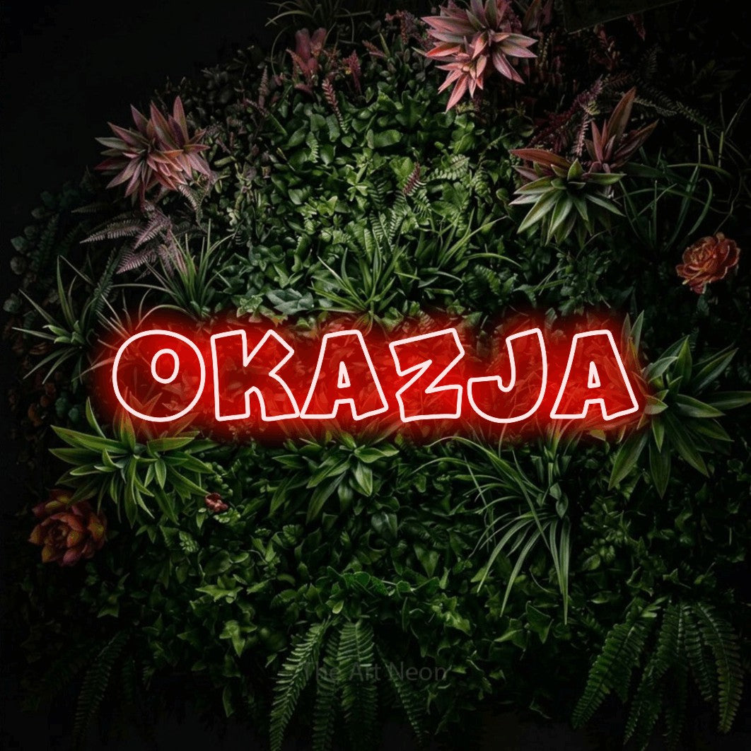 LED neon sign reading “OKAZJA”, arranged in a single line.