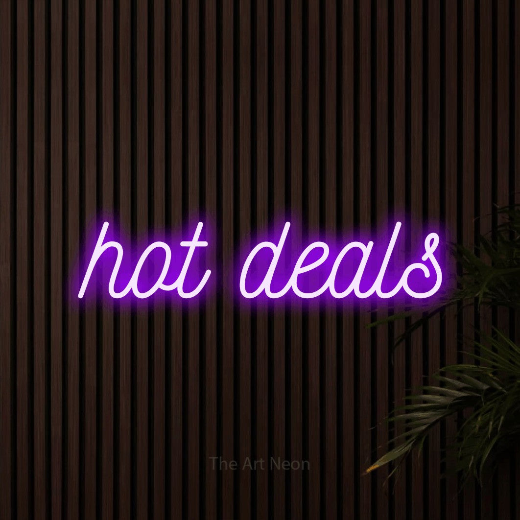 LED neon sign reading “hot deals”, arranged in a single line.