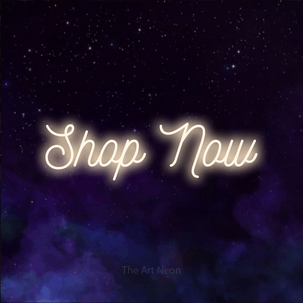 LED neon sign reading “Shop Now”, arranged in a single line.