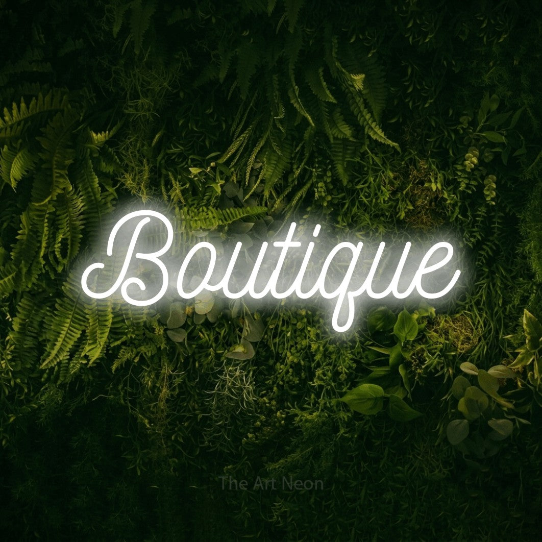 LED neon sign reading “Boutique”, arranged in a single line.