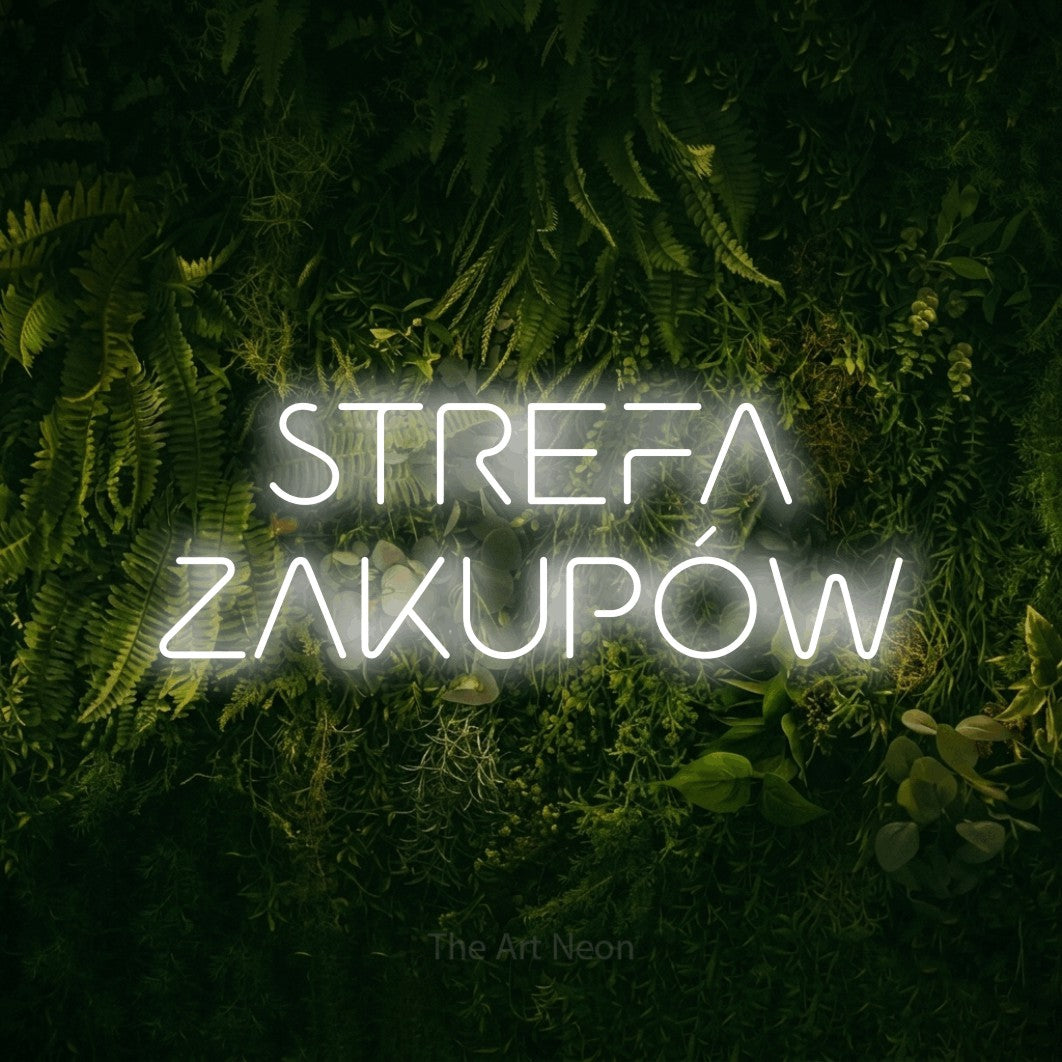 LED neon sign reading “STREFA ZAKUPÓW”, arranged in two lines.